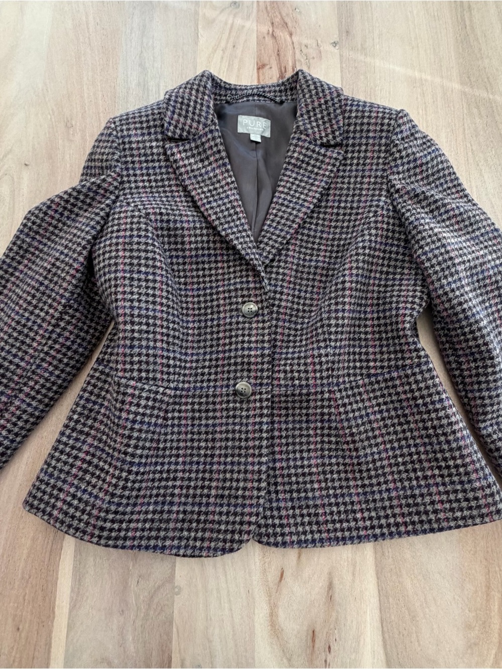 Pure Collection Blazer Jacket Women's 12 Gray Houndstooth Wool Single Breasted
